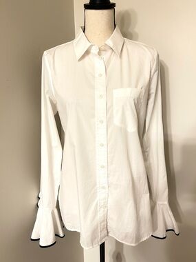 J.Crew Organic Cotton White Button-Down | Ruffle Sleeve w/ Black Trim | Size 4